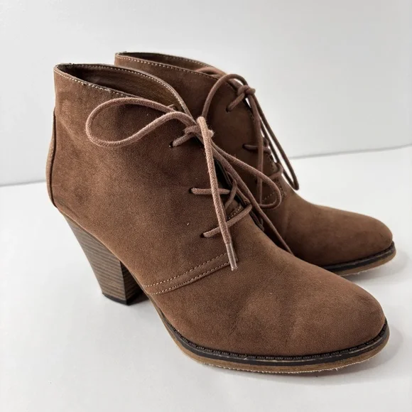 Mia Boots Size 8 M Sean Ankle Bootie Brown Lace Up Round Toe Cone Heels Vegan - Picture 13 of 15